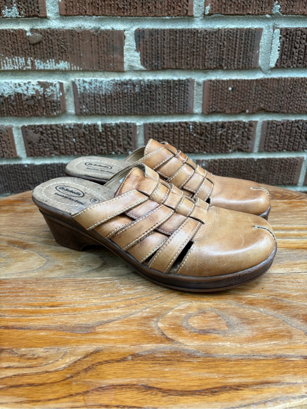 Dr Scholls Brenna Sz 8.5 Tan Leather Slide Wedge Double Air Pillow